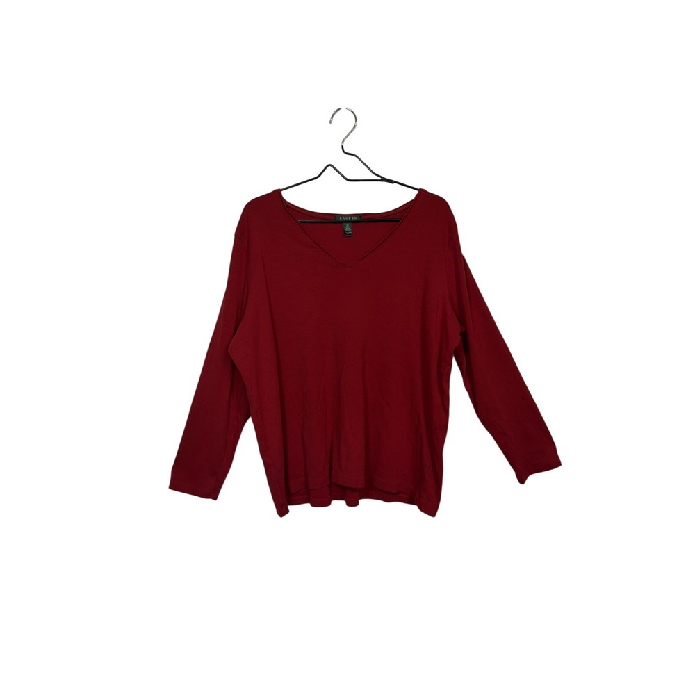 Lauren Ralph Lauren V-Neck Top Women 2X Red Long Sleeve Cotton T-Shirt